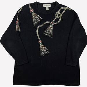 Vintage 80s Victoria Woman Beaded Tassel Sweater 1X Ramie Cotton Knit